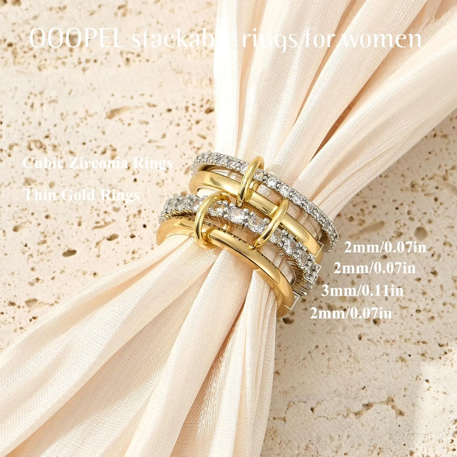 OOOPEL Gold Stackable Rings for Women Non Tarnish 14K Gold Plated Rings and 925 Sterling Silver Cubic Zirconia Ring Hypoallergenic Interlocking Mixed Metals Stacked Ring Set Size 6-10 Jewelry Gifts