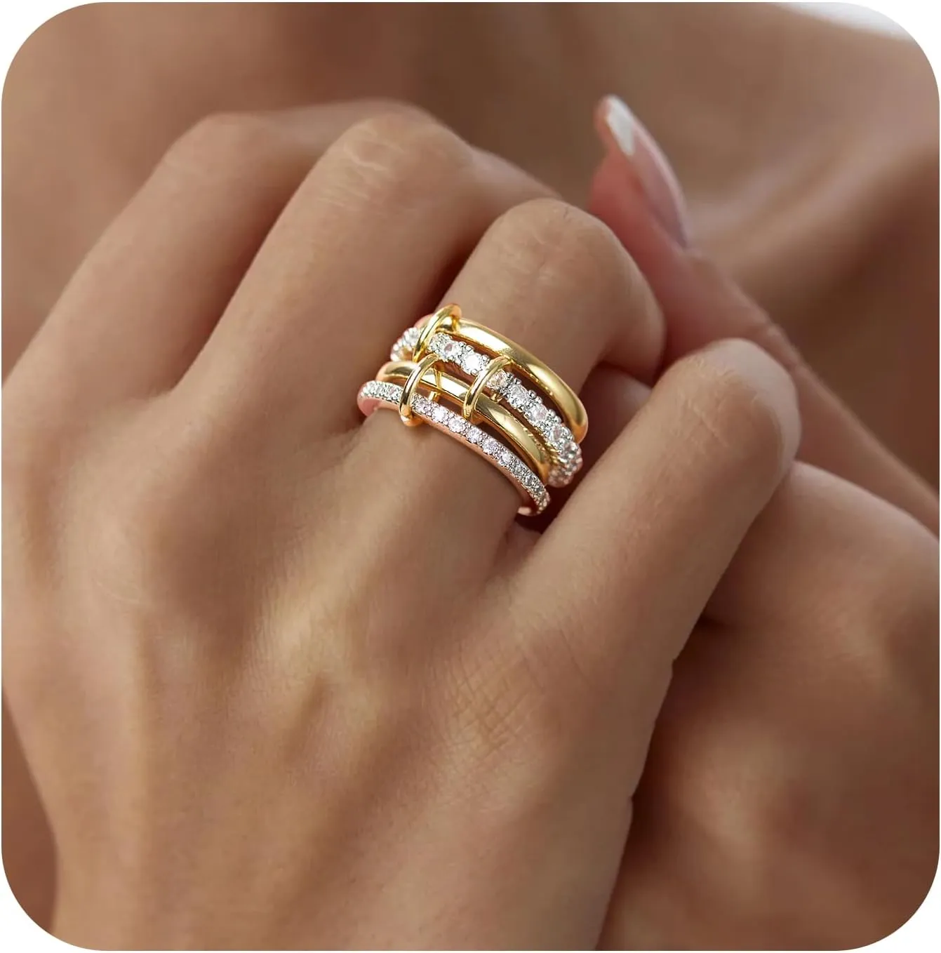 OOOPEL Gold Stackable Rings for Women Non Tarnish 14K Gold Plated Rings and 925 Sterling Silver Cubic Zirconia Ring Hypoallergenic Interlocking Mixed Metals Stacked Ring Set Size 6-10 Jewelry Gifts