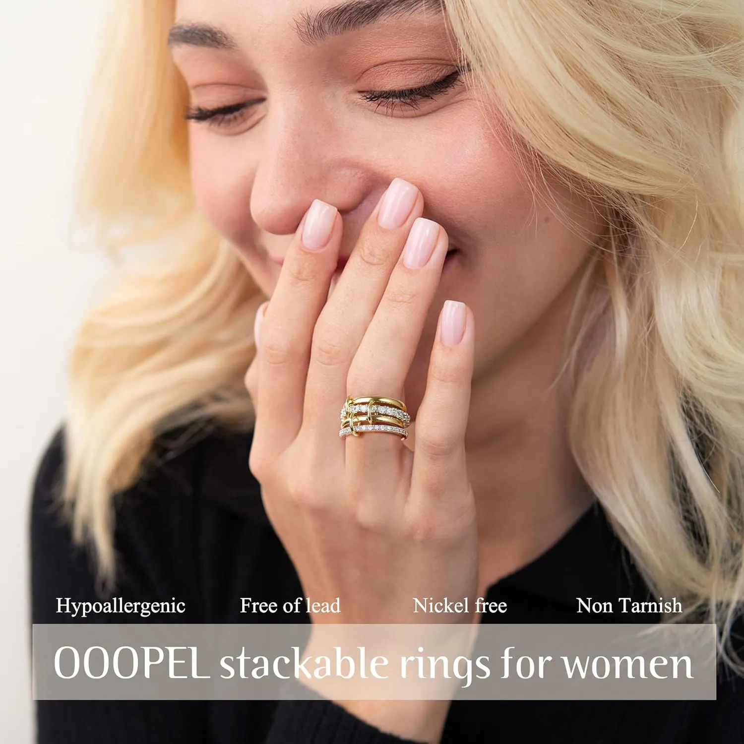 OOOPEL Gold Stackable Rings for Women Non Tarnish 14K Gold Plated Rings and 925 Sterling Silver Cubic Zirconia Ring Hypoallergenic Interlocking Mixed Metals Stacked Ring Set Size 6-10 Jewelry Gifts