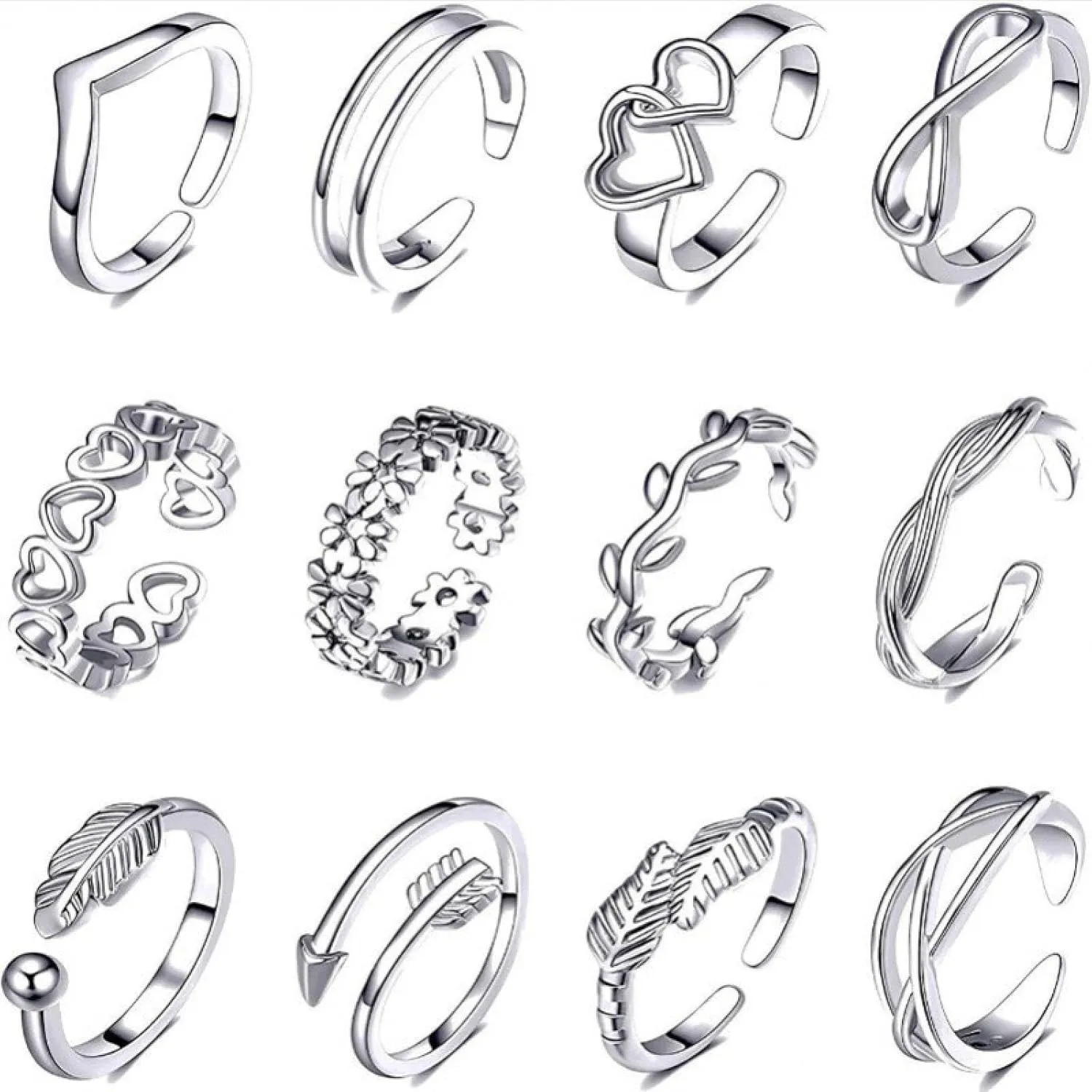 Open Foot Tail Rings, Toe Rings, Plain Rings, Toe Rings, Women's Jewelry 12-Piece Set