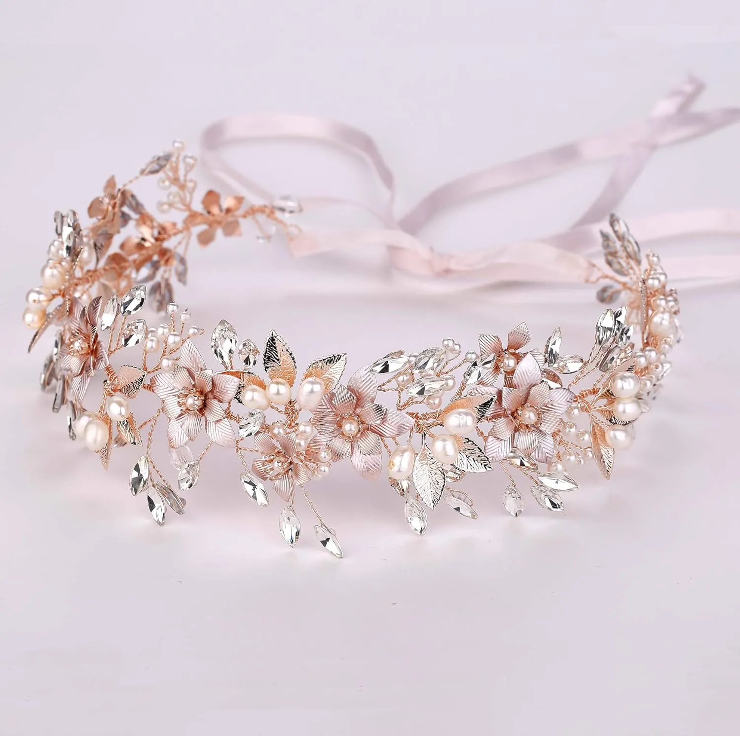 Oriamour Wedding Headband Bridal Headpiece Flower Design With Genuine Freshwater Pearls And Ribbons Hair Accessories For Bride (Rose Gold)