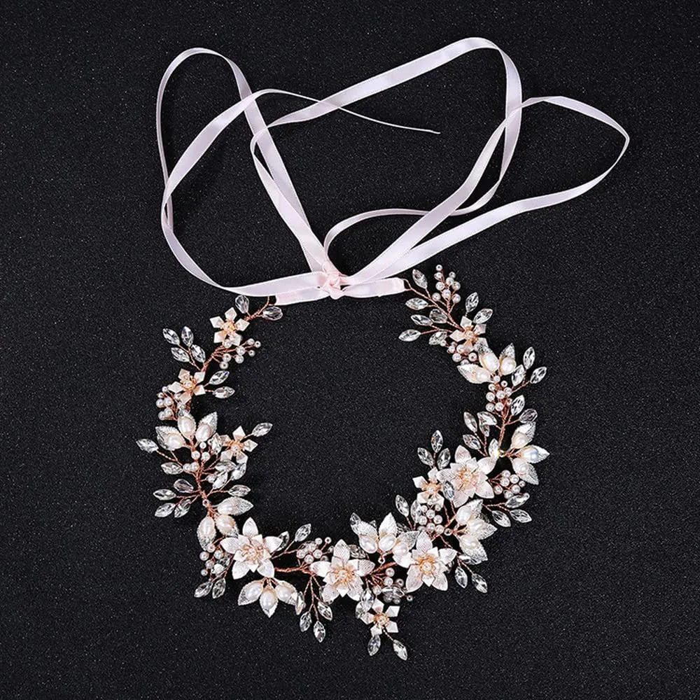 Oriamour Wedding Headband Bridal Headpiece Flower Design With Genuine Freshwater Pearls And Ribbons Hair Accessories For Bride (Rose Gold)