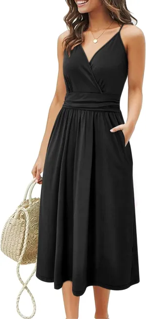 OUGES Women's Summer Spaghetti Strap V-Neck Floral Short Party Dress with Pockets