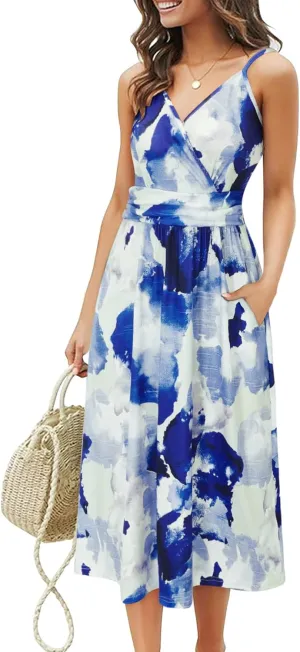 OUGES Women's Summer Spaghetti Strap V-Neck Floral Short Party Dress with Pockets