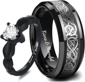 Ouryet Personalized Couple Matching Rings Set Stainless Steel Engraved Names Promise Rings for him and her black Matching Wedding Bands for Couples His and Her Engagement Rings,Size 5-13