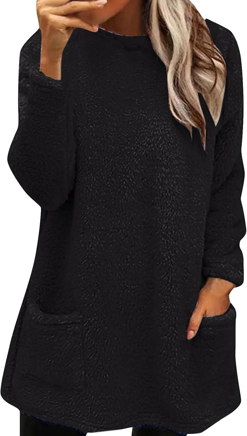 Oversized Fuzzy Fleece Sweatshirts for Women Fashion 2025 Parka Warm Outerwear Letter Print Loungewear with Pockets