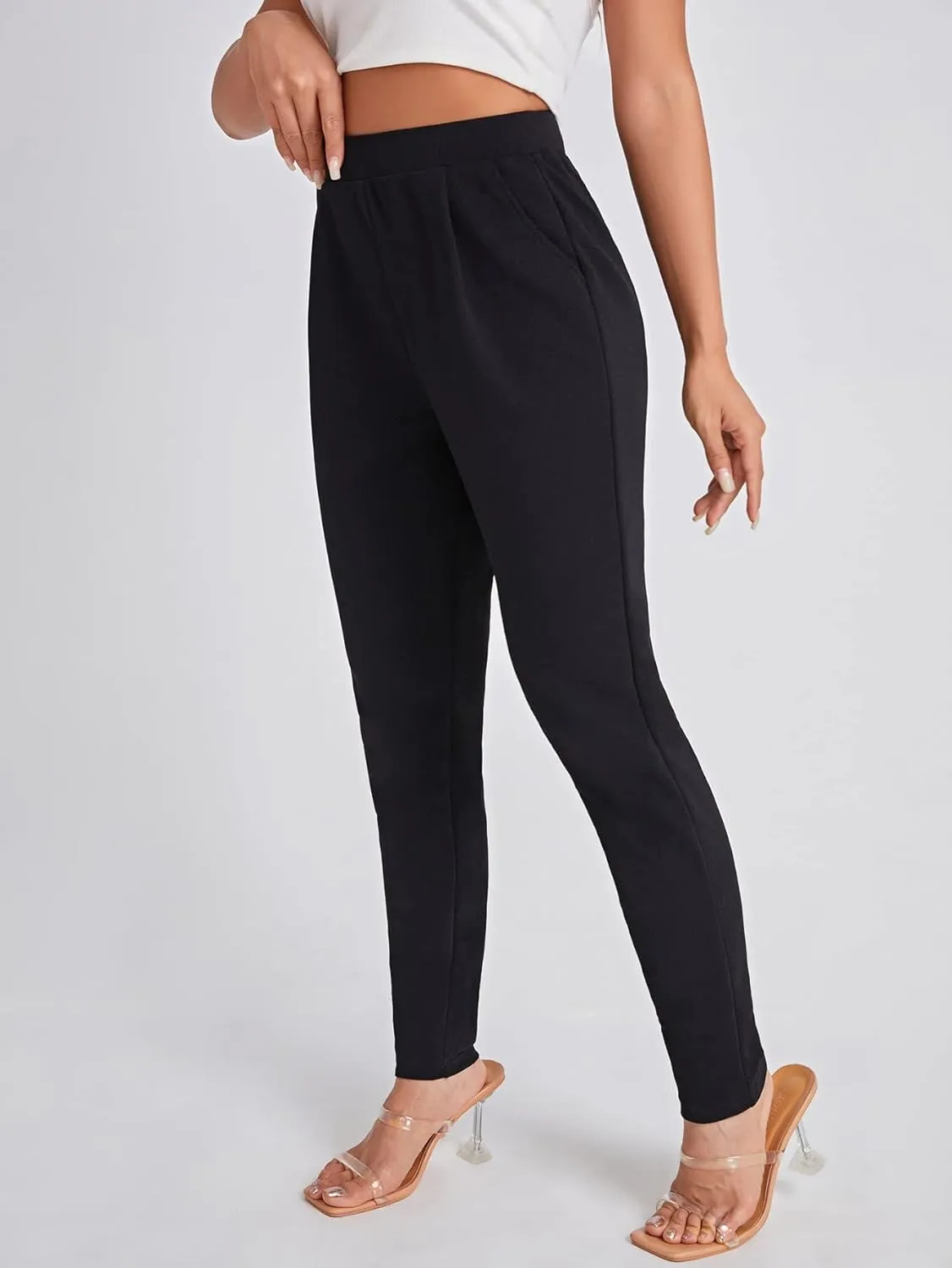 OYOANGLE Women's Elastic High Waist Skinny Tapered Pants Pleated Front Pockets Office Work Trousers