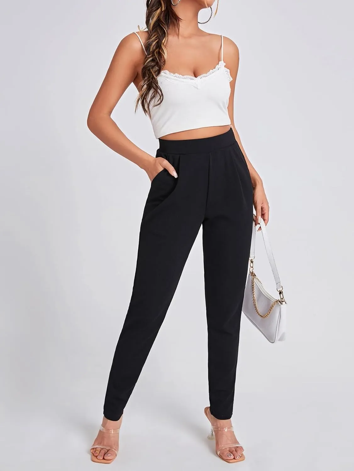 OYOANGLE Women's Elastic High Waist Skinny Tapered Pants Pleated Front Pockets Office Work Trousers