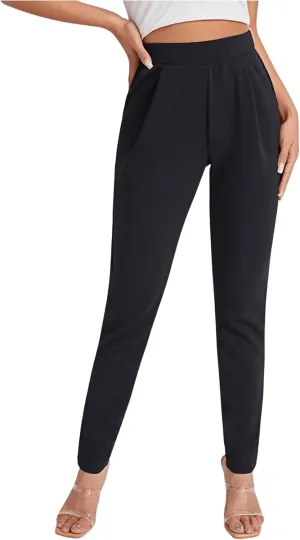 OYOANGLE Women's Elastic High Waist Skinny Tapered Pants Pleated Front Pockets Office Work Trousers