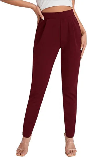 OYOANGLE Women's Elastic High Waist Skinny Tapered Pants Pleated Front Pockets Office Work Trousers