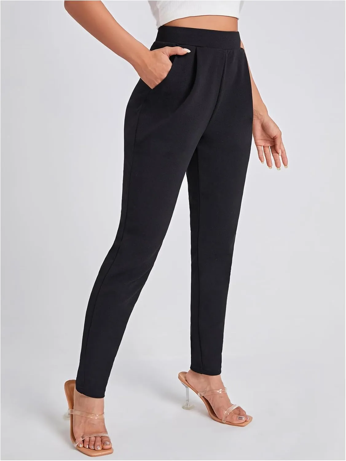 OYOANGLE Women's Elastic High Waist Skinny Tapered Pants Pleated Front Pockets Office Work Trousers