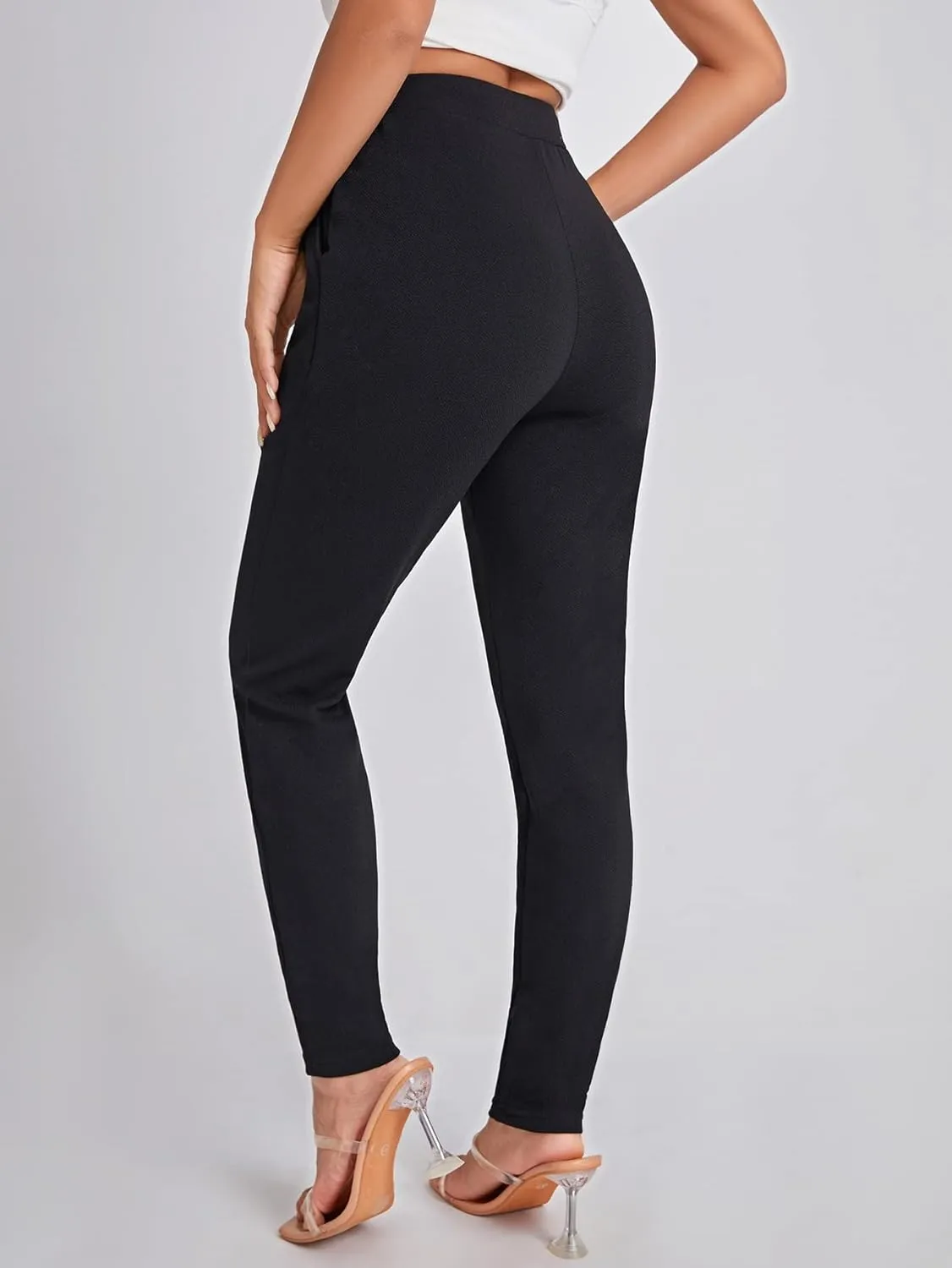 OYOANGLE Women's Elastic High Waist Skinny Tapered Pants Pleated Front Pockets Office Work Trousers