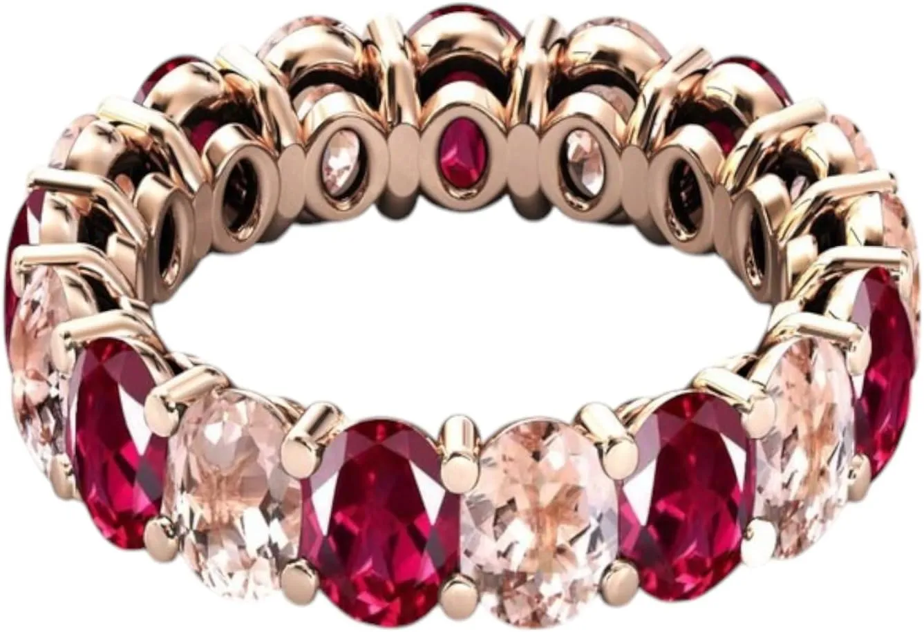 Peach Pink Morganite & Red Ruby Eternity Engagement Band Luxury Antique Band Unique Cluster Multi Gemstone 925 Sterling Silver Handmade Jewelry