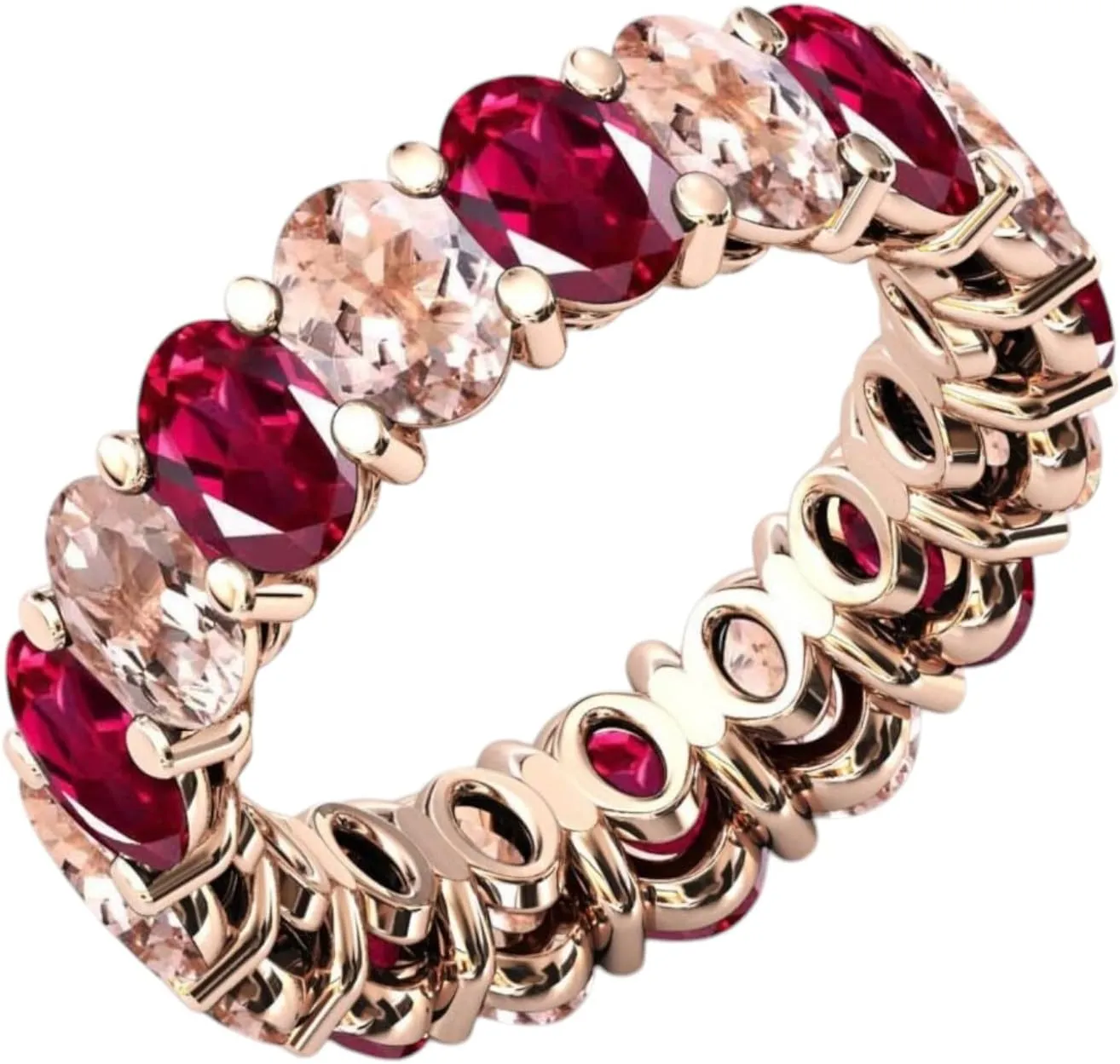 Peach Pink Morganite & Red Ruby Eternity Engagement Band Luxury Antique Band Unique Cluster Multi Gemstone 925 Sterling Silver Handmade Jewelry