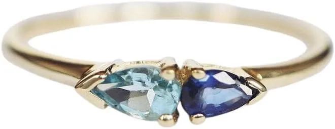 Pear Aquamarine and Sapphire Ring, Gold Stacking Rings, Dainty Blue Gemstone Rings, March & September Birthstone Jewelry, Two Stone Ring - GJH137