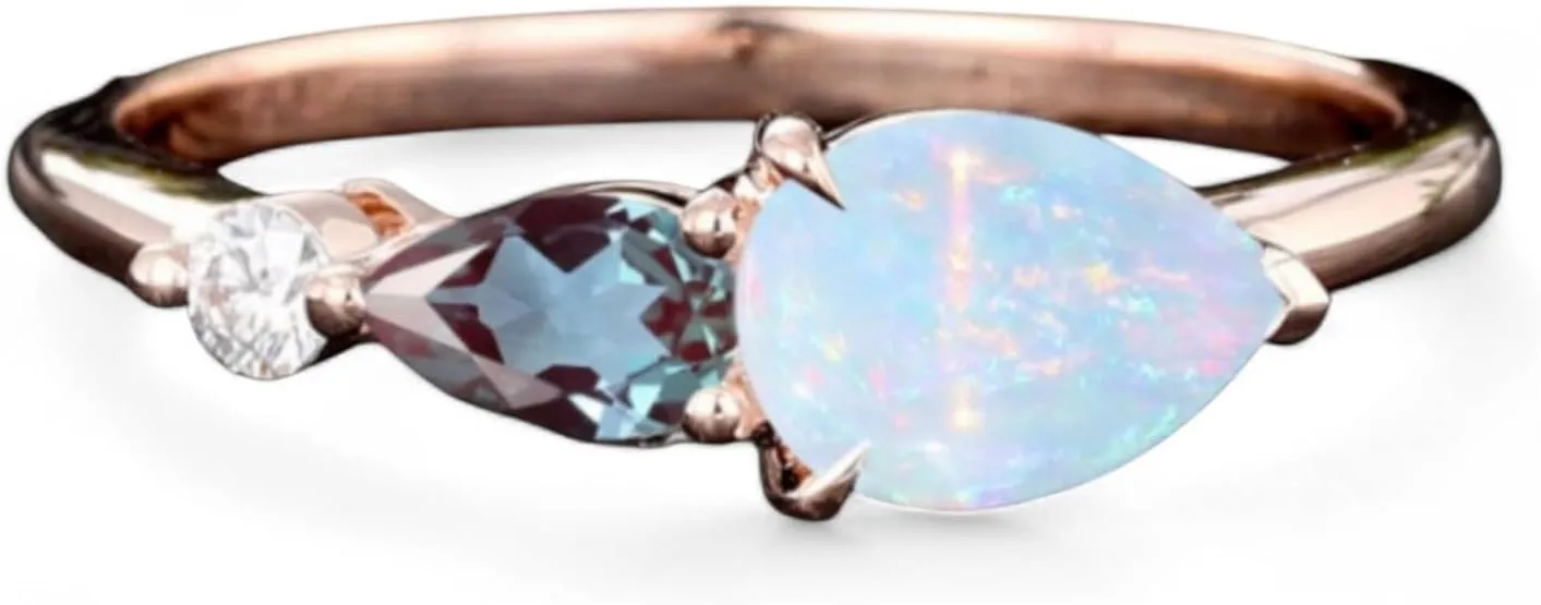 Pear Cut Fire Opal Proposal Ring Women Diamond Alexandrite Stacking Ring June Birthstone Gift Jewelry Rose Gold Art Deco Engagement Ring
