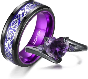 Personalized Engagement Rings Set Engraved Names Promise Rings for Couple Matching Wedding Rings Set for Him and Her Blue and Black Tungsten Rings for Men Women Purple Heart Birthstone Ring