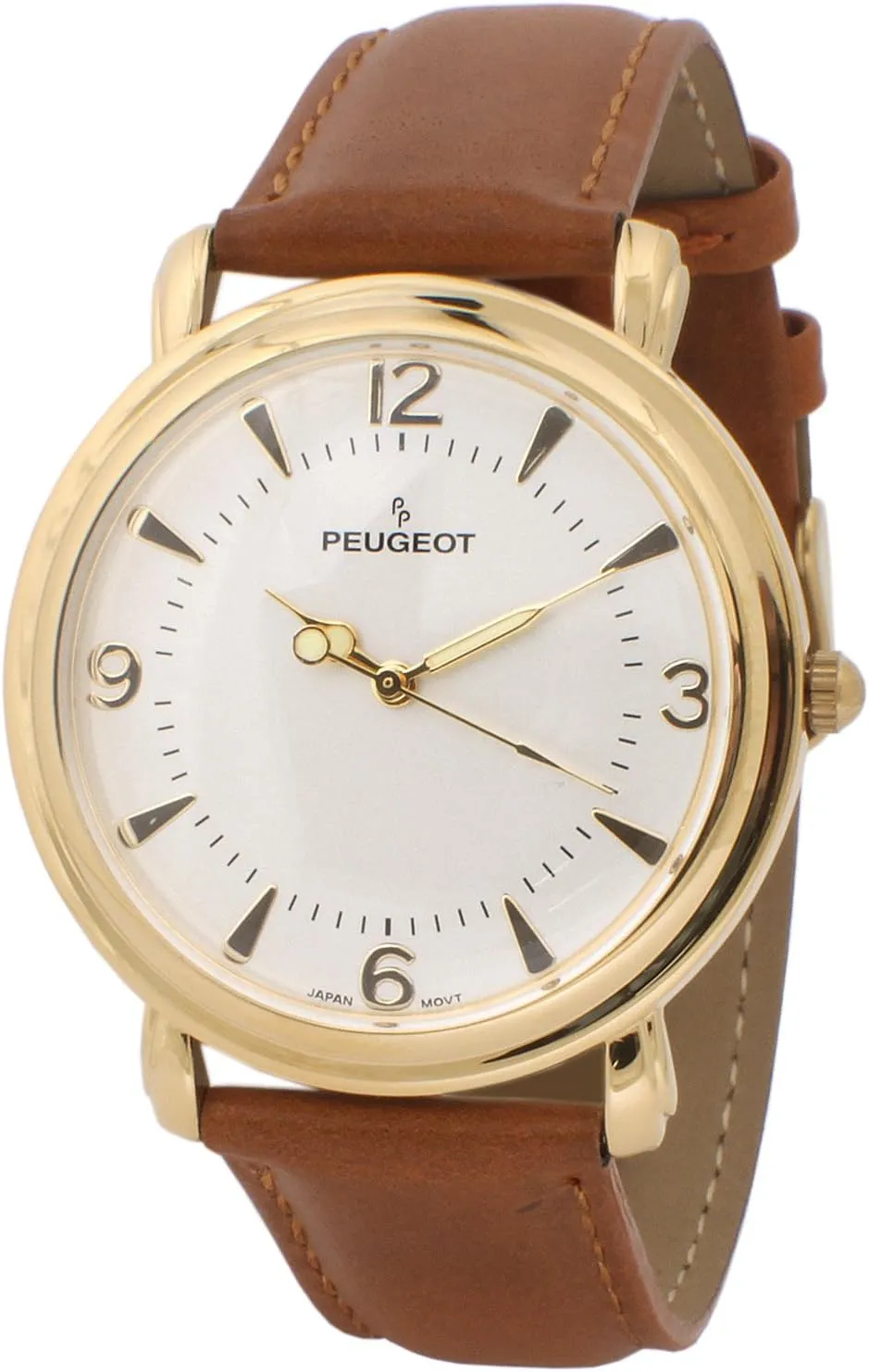 Peugeot Men's Slim Case Metal Dress Watch with Leather Wrist Strap