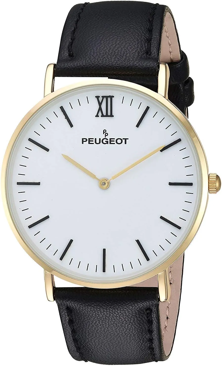 Peugeot Men's Ultra Slim Watch, 14Kt Gold Plated Round Minimalist Wrist Watch for Men with Easy to Read Dial and Genuine Leather Band