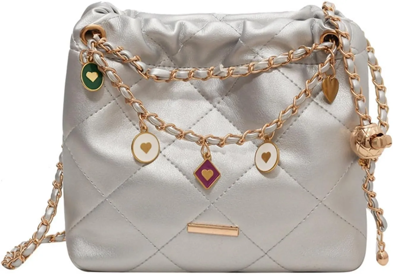 Plaid Chain Bucket Underarm Shoulder Crossbody Bag, Simple Commuter Women's Bag, Shoulder Bag (Silver)