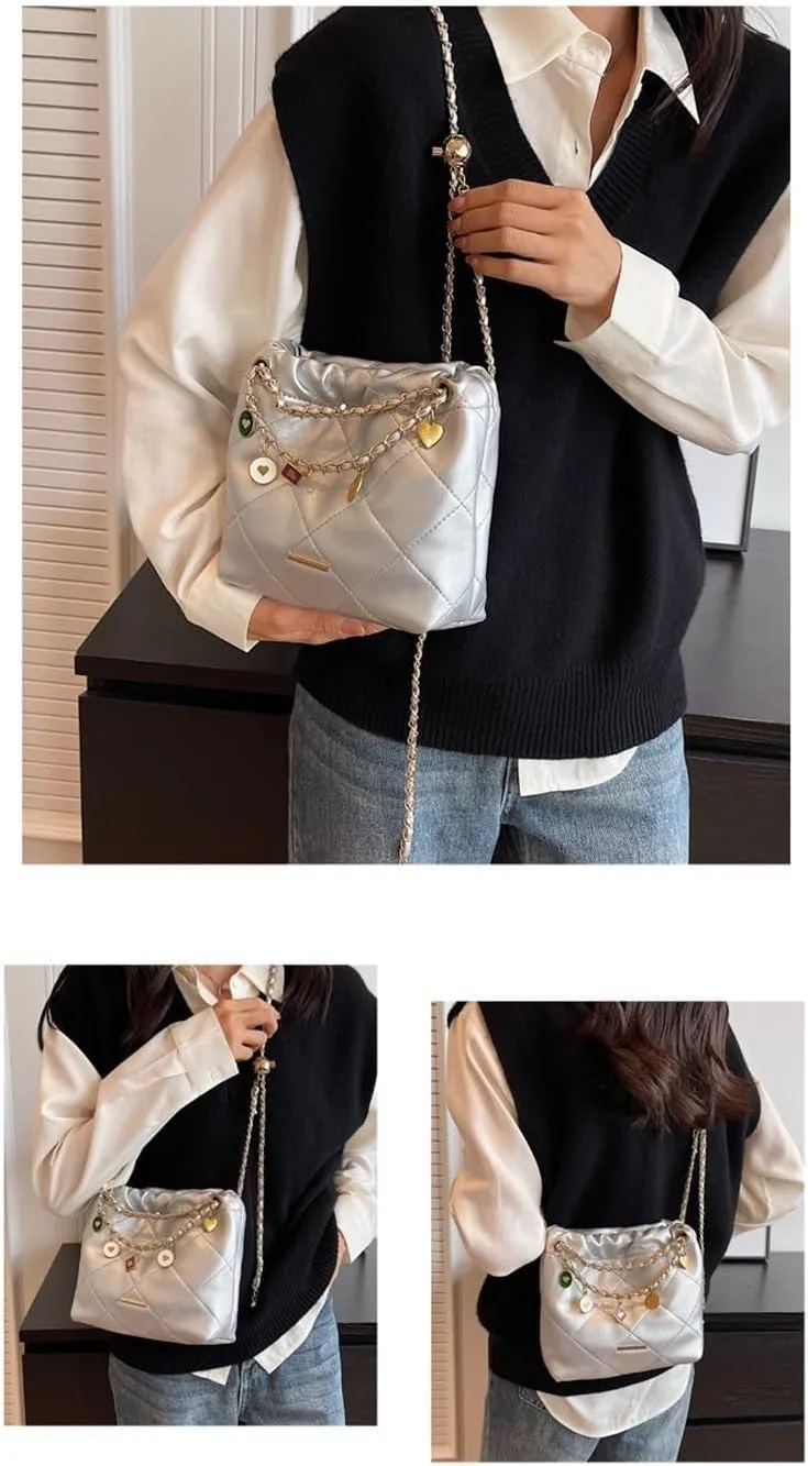 Plaid Chain Bucket Underarm Shoulder Crossbody Bag, Simple Commuter Women's Bag, Shoulder Bag (Silver)