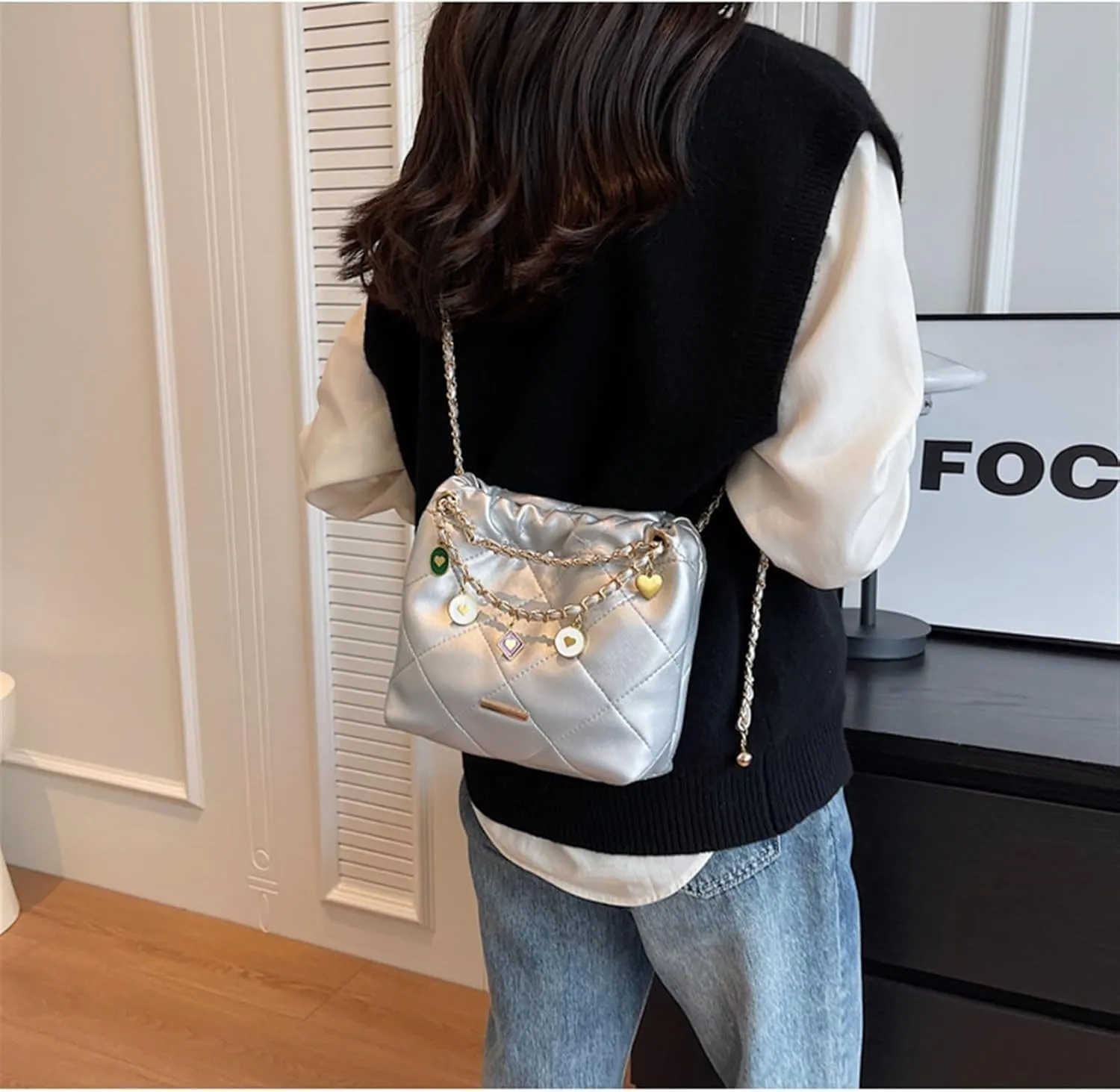 Plaid Chain Bucket Underarm Shoulder Crossbody Bag, Simple Commuter Women's Bag, Shoulder Bag (Silver)