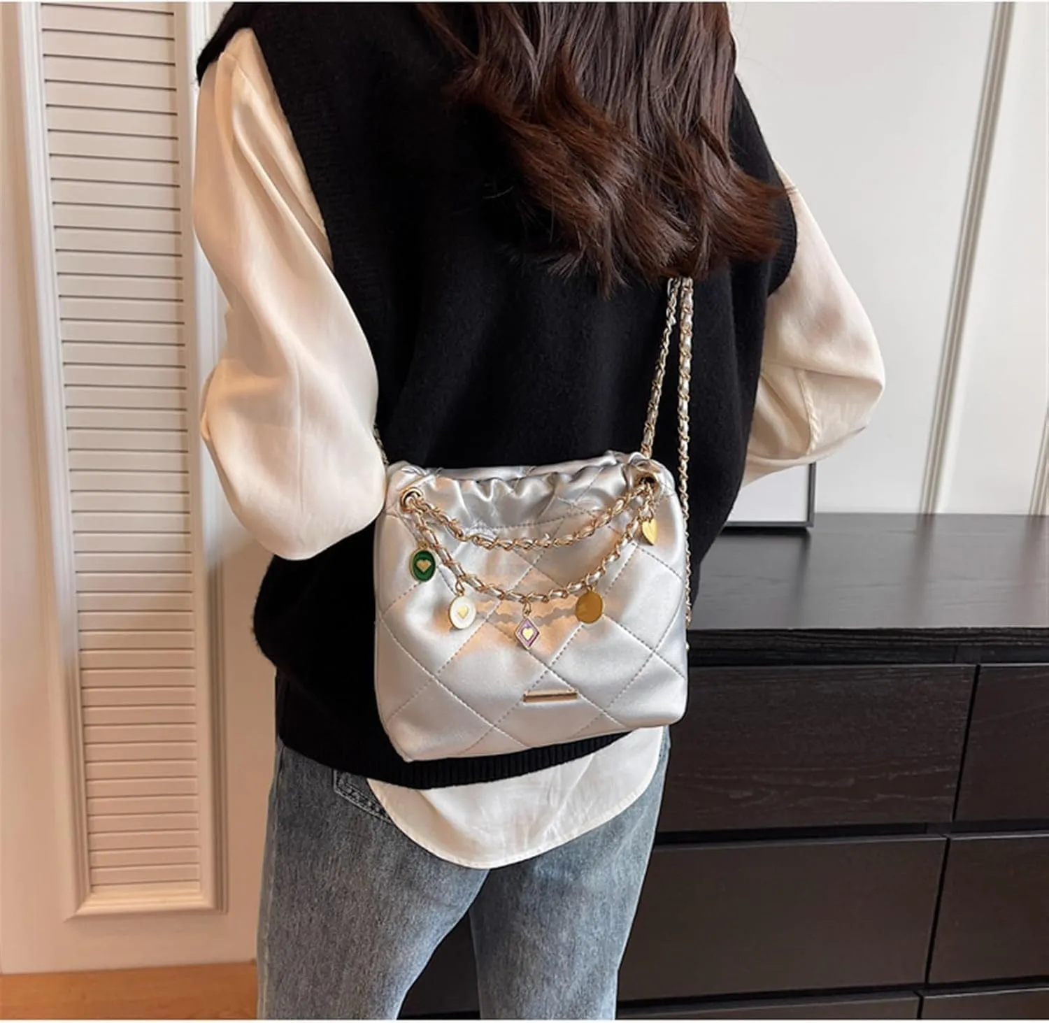 Plaid Chain Bucket Underarm Shoulder Crossbody Bag, Simple Commuter Women's Bag, Shoulder Bag (Silver)