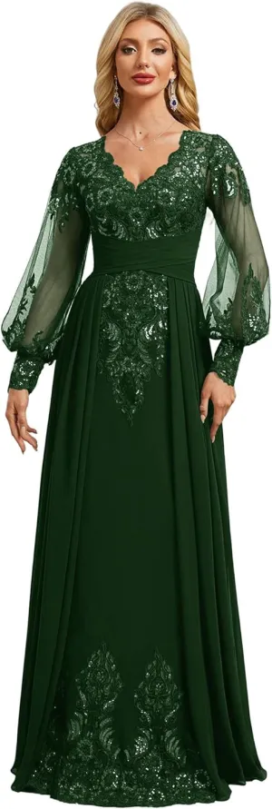 Pleated Mother of Bride Dresses Long Sleeve Chiffon Prom Dresses V-Neck Sequin Formal Evening Party Gown