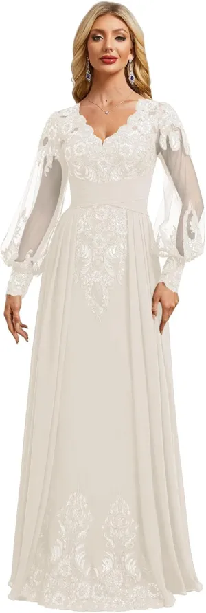 Pleated Mother of Bride Dresses Long Sleeve Chiffon Prom Dresses V-Neck Sequin Formal Evening Party Gown