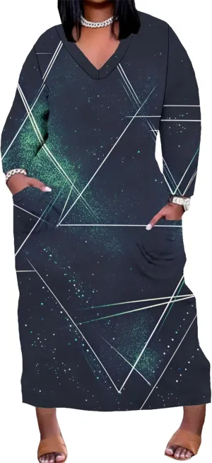 Plus Size Autumn Dresses for Curvy Women 2024 V-Neck Long Sleeve Camouflage Floral Printed Colorful Maxi Dress with Pockets