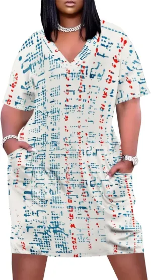 Plus Size Dress for Women Summer Casual Geometric V Neck Short Sleeve with Pockets Tshirt Loose Midi Dresses