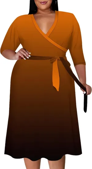 Plus Size Midi Dress for Women Solid Color Gradient Summer Dresses for Wedding Guest Cocktail Party 3/4 Sleeve V Neck XL-6XL