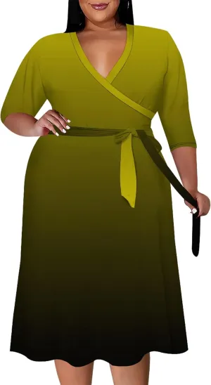 Plus Size Midi Dress for Women Solid Color Gradient Summer Dresses for Wedding Guest Cocktail Party 3/4 Sleeve V Neck XL-6XL