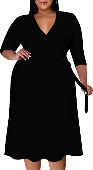 Plus Size Midi Dress for Women Solid Color Gradient Summer Dresses for Wedding Guest Cocktail Party 3/4 Sleeve V Neck XL-6XL