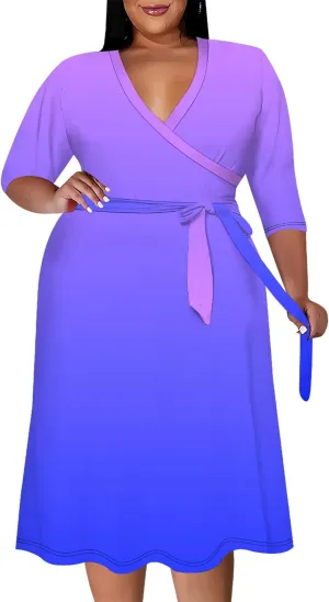 Plus Size Midi Dress for Women Solid Color Gradient Summer Dresses for Wedding Guest Cocktail Party 3/4 Sleeve V Neck XL-6XL
