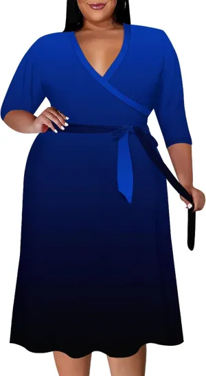 Plus Size Midi Dress for Women Solid Color Gradient Summer Dresses for Wedding Guest Cocktail Party 3/4 Sleeve V Neck XL-6XL