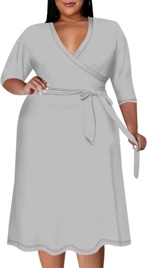 Plus Size Midi Dress for Women Solid Color Gradient Summer Dresses for Wedding Guest Cocktail Party 3/4 Sleeve V Neck XL-6XL