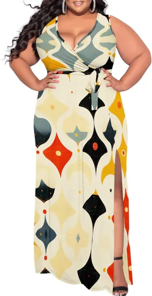 Plus Size Summer Maxi Dress for Curvy Womens Empire Waist Casual Loose Sleeveless Floral Print Swing Flowy Slit Tiered Dress