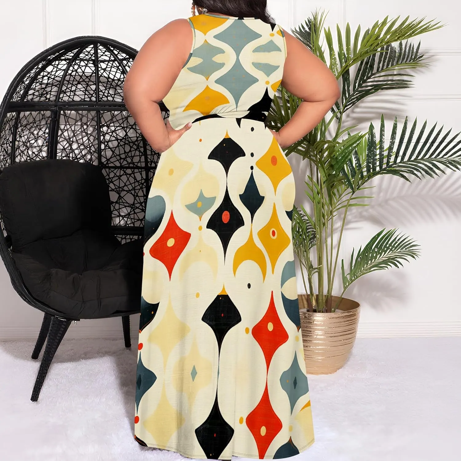 Plus Size Summer Maxi Dress for Curvy Womens Empire Waist Casual Loose Sleeveless Floral Print Swing Flowy Slit Tiered Dress