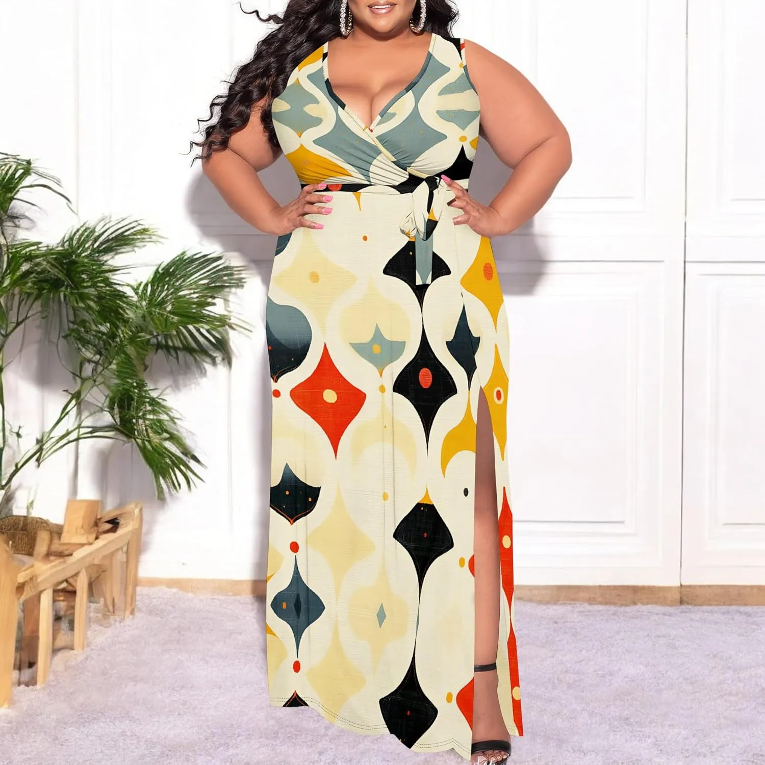 Plus Size Summer Maxi Dress for Curvy Womens Empire Waist Casual Loose Sleeveless Floral Print Swing Flowy Slit Tiered Dress