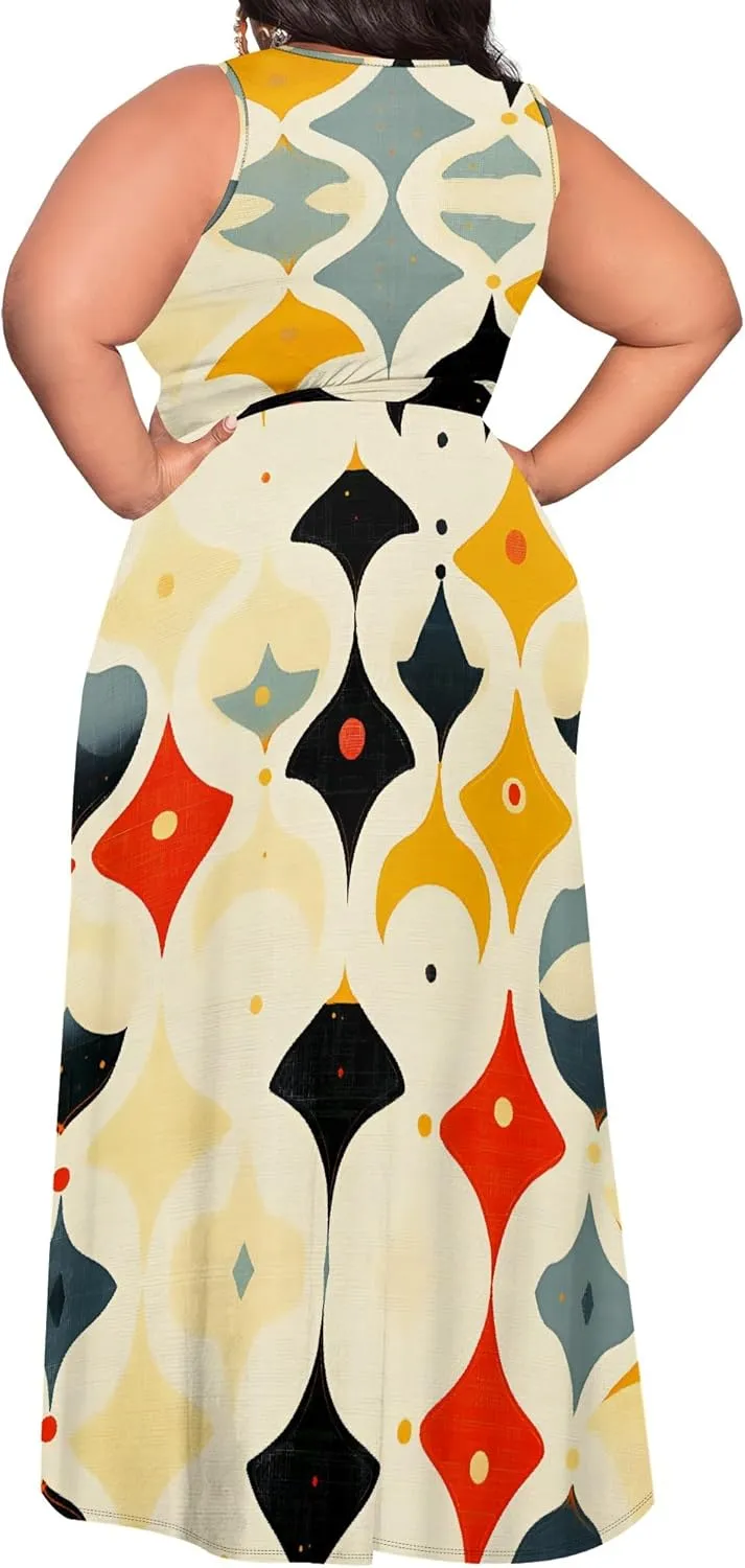 Plus Size Summer Maxi Dress for Curvy Womens Empire Waist Casual Loose Sleeveless Floral Print Swing Flowy Slit Tiered Dress