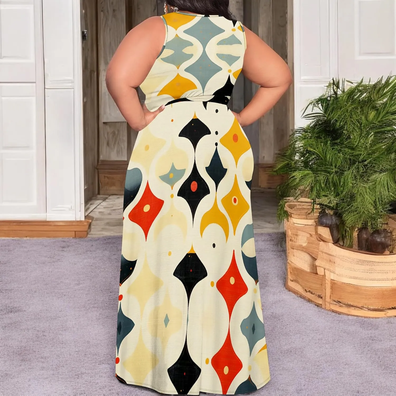 Plus Size Summer Maxi Dress for Curvy Womens Empire Waist Casual Loose Sleeveless Floral Print Swing Flowy Slit Tiered Dress