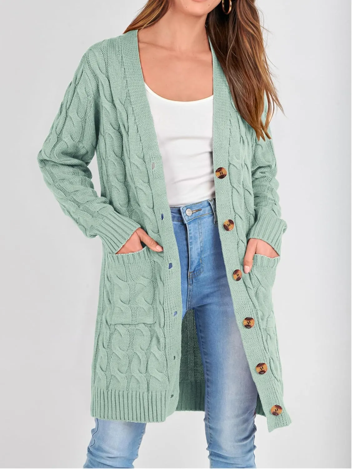 PRETTYGARDEN Long Sleeve Cable Knit Long Cardigan for Women 2025 Fall Winter Chunky Open Front Button Sweaters with Pockets