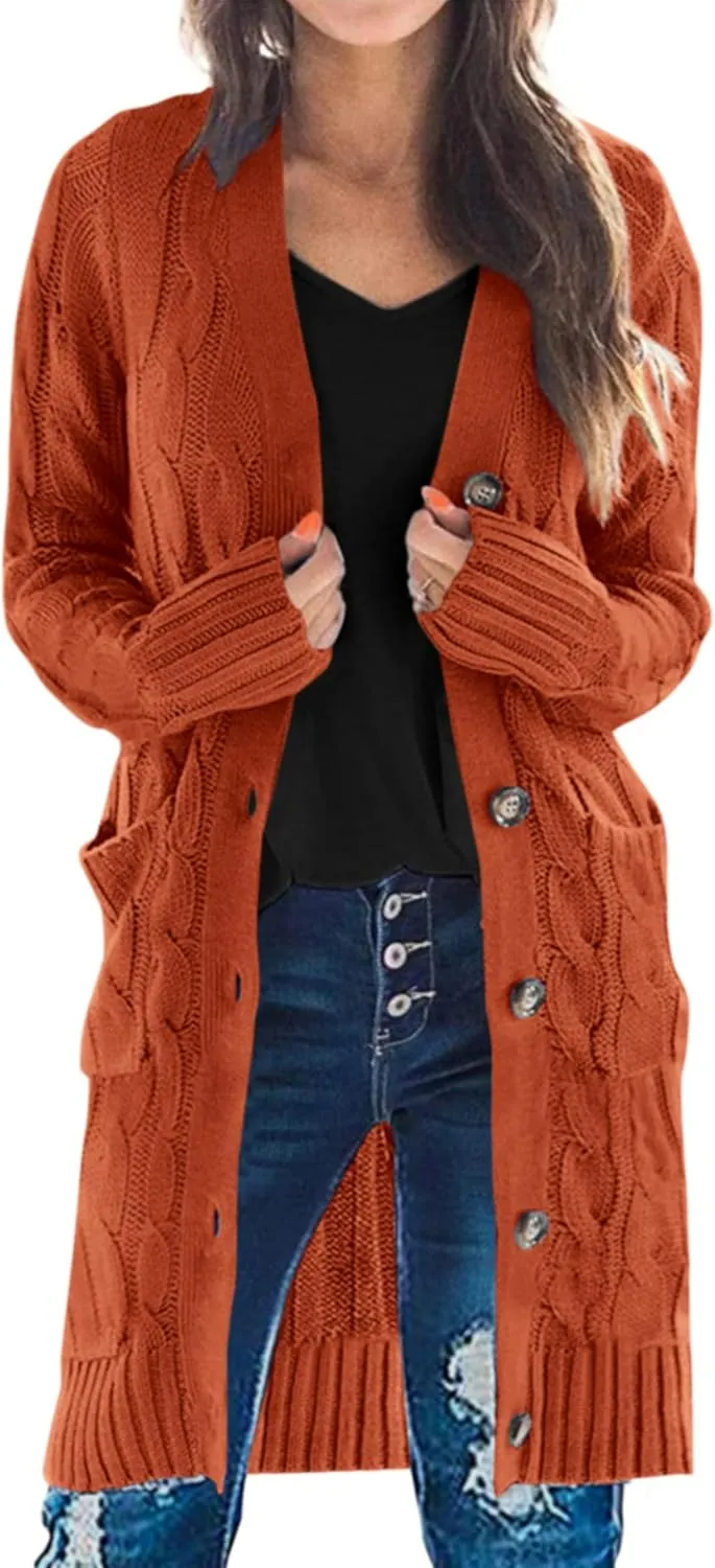 PRETTYGARDEN Long Sleeve Cable Knit Long Cardigan for Women 2025 Fall Winter Chunky Open Front Button Sweaters with Pockets