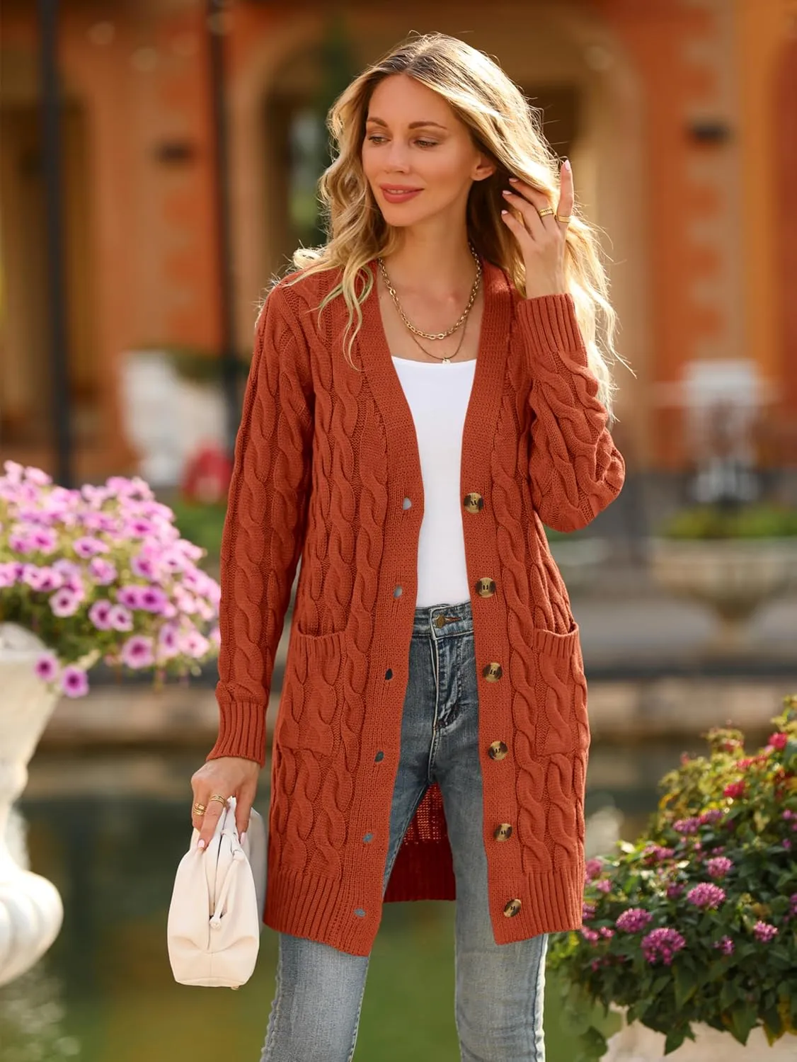 PRETTYGARDEN Long Sleeve Cable Knit Long Cardigan for Women 2025 Fall Winter Chunky Open Front Button Sweaters with Pockets