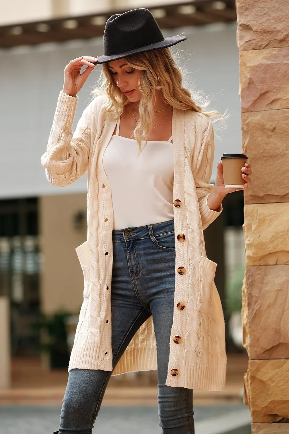 PRETTYGARDEN Long Sleeve Cable Knit Long Cardigan for Women 2025 Fall Winter Chunky Open Front Button Sweaters with Pockets