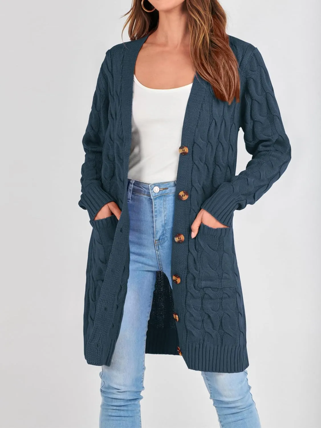 PRETTYGARDEN Long Sleeve Cable Knit Long Cardigan for Women 2025 Fall Winter Chunky Open Front Button Sweaters with Pockets