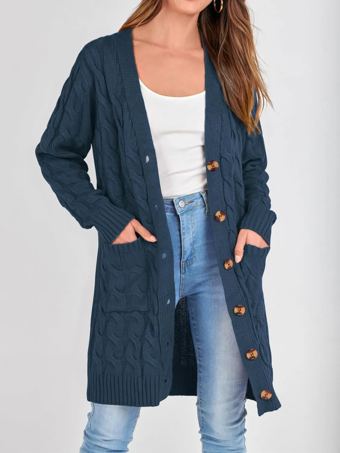 PRETTYGARDEN Long Sleeve Cable Knit Long Cardigan for Women 2025 Fall Winter Chunky Open Front Button Sweaters with Pockets