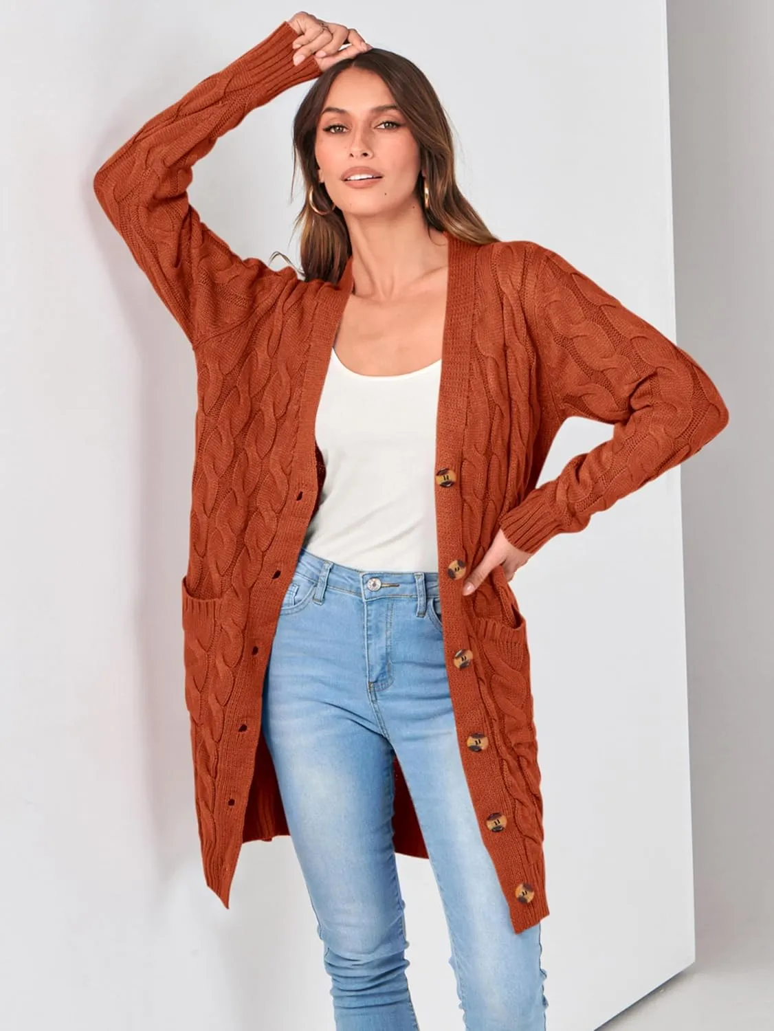 PRETTYGARDEN Long Sleeve Cable Knit Long Cardigan for Women 2025 Fall Winter Chunky Open Front Button Sweaters with Pockets
