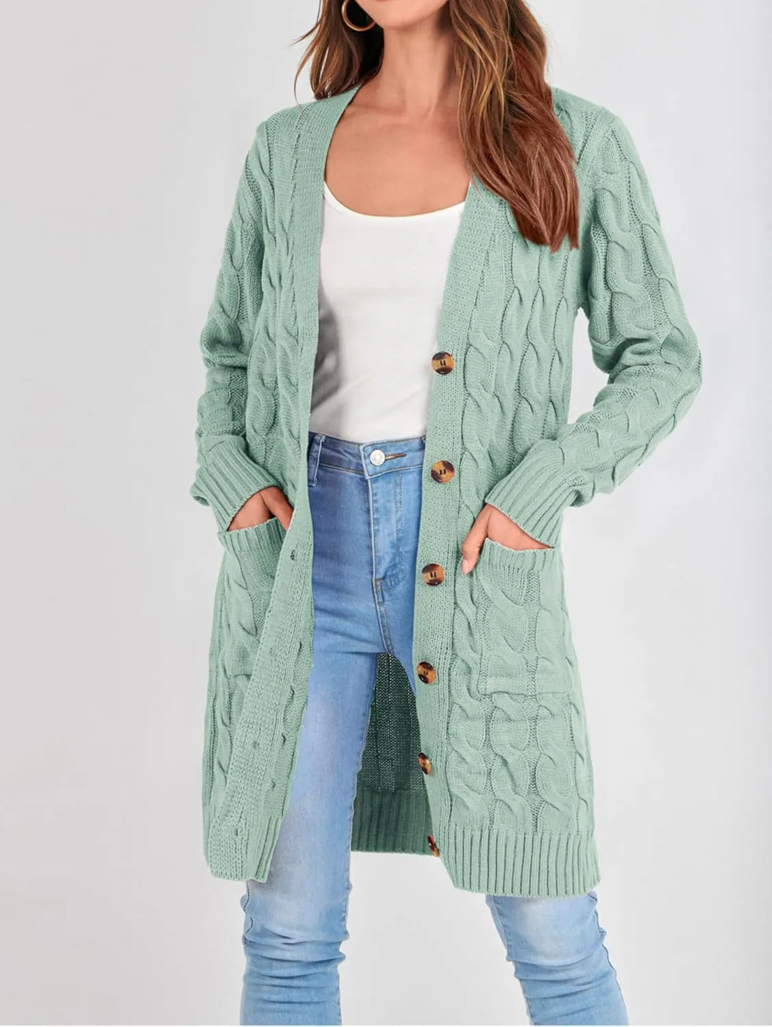 PRETTYGARDEN Long Sleeve Cable Knit Long Cardigan for Women 2025 Fall Winter Chunky Open Front Button Sweaters with Pockets
